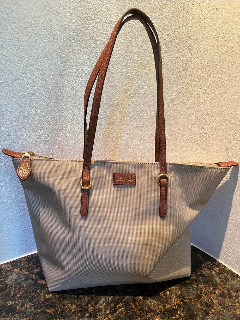 Lauren Ralph Lauren Taupe Tote with Brown Leather Straps